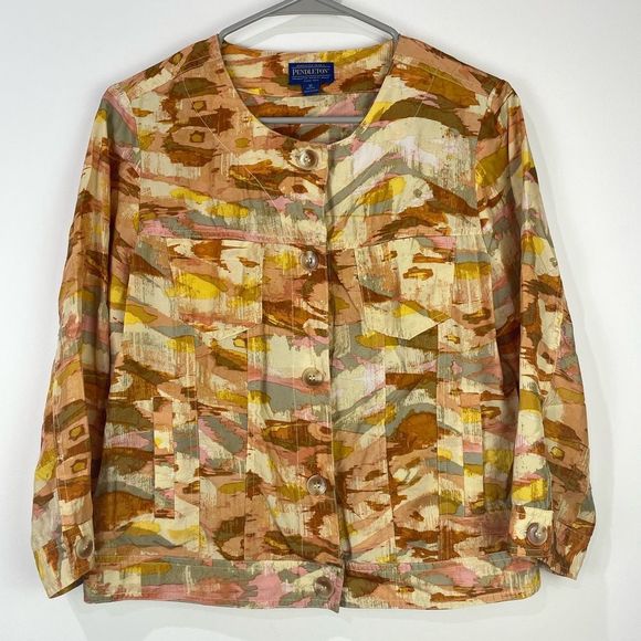 Pendleton Silk Watercolor Button Front Cropped Jacket Size M Petite MP PM - Picture 1 of 9
